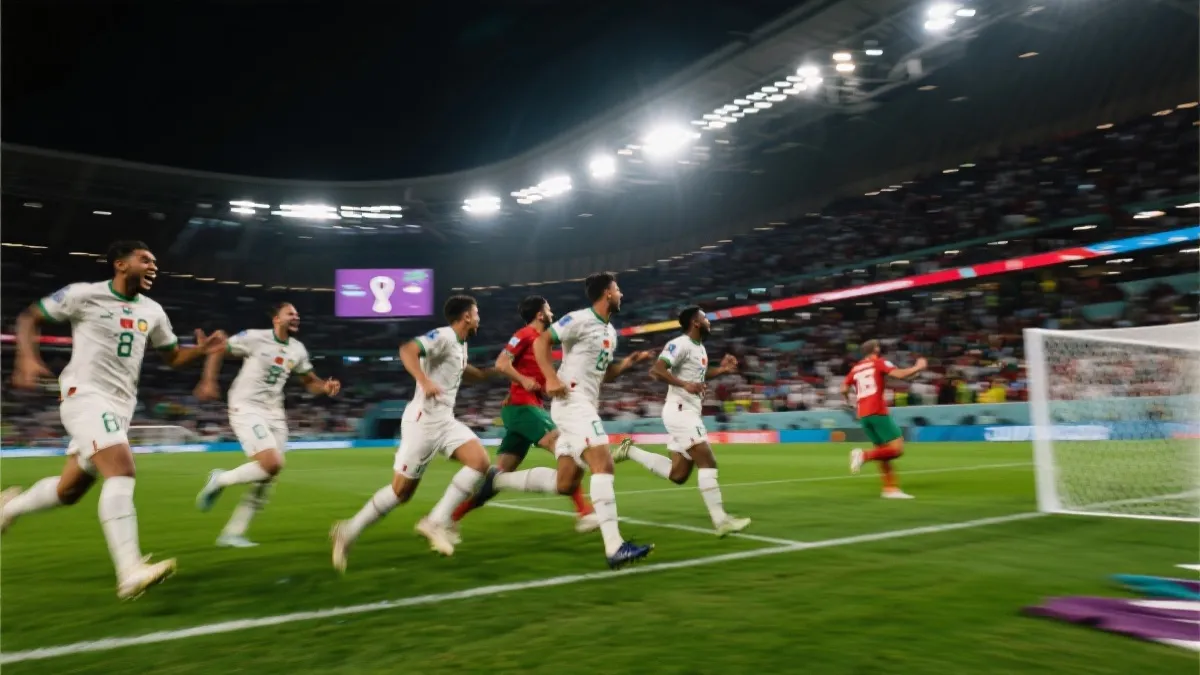 世界杯赛场上弱队爆冷庆祝的瞬间，体现黑马叙事与战术执行